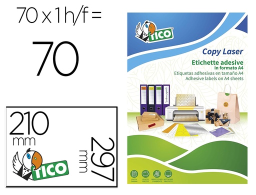 [169466] Etiqueta adhesiva tico amarill o fluorescentes permanente fsclaser/inkjet/fotocopia 210x297mm caja de 70 unidades