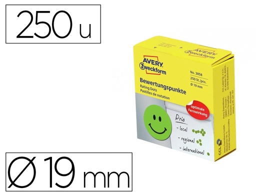 [167923] Etiqueta adhesiva avery smile verde sonriente 19 mm rollo de 250 unidades