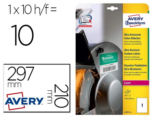 [167919] Etiqueta adhesiva avery politileno blanco permanente laser fotocopiadora 210x297 mm blister 10 unidades