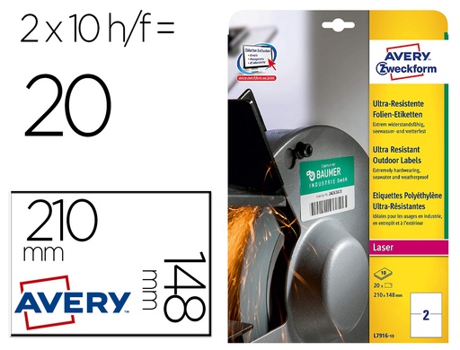 [167918] Etiqueta adhesiva avery politileno blanco permanente para laser fotocopiadora 210x148 mm blister 20