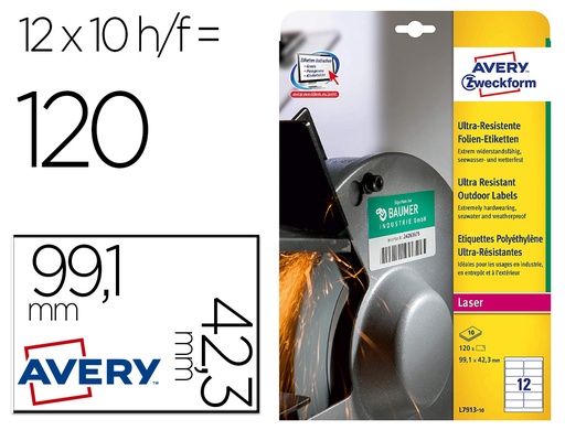 [167917] Etiqueta adhesiva avery politileno blanco permanente laser fotocopiadora 99,1x42,3 mm blister 120 unidades