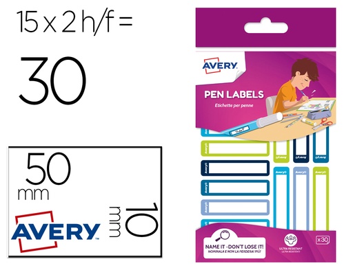 [167914] Etiqueta avery para boligrafos y lapices azul y verde 50x10 mm blister de 30 unidades