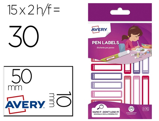 [167913] Etiqueta avery para boligrafos y lapices rosa y violeta 50x10 mm blister de 30 unidades