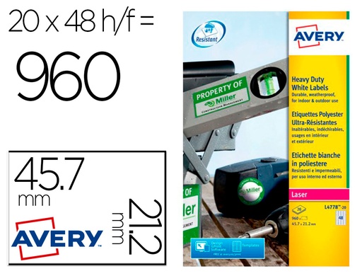 [166547] Etiqueta adhesiva resistente avery poliester blanco laser 45,7x21,2 mm caja de 960 unidades