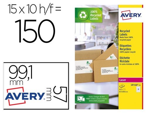 [166546] Etiqueta adhesiva avery blanca permanente reciclada 100% paraimpresora laser 99,1x57 mm caja de 150 unidades