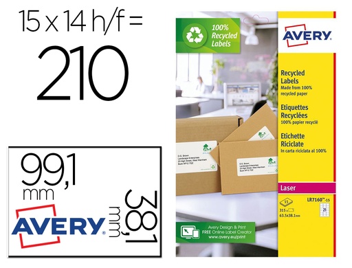 [166545] Etiqueta adhesiva avery blanca permanente reciclada 100% laser 99,1x38,1 mm caja de 210 unidades