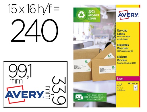 [166544] Etiqueta adhesiva avery blanca permanente reciclada 100% laser 99,1x33,9 mm caja de 240 unidades