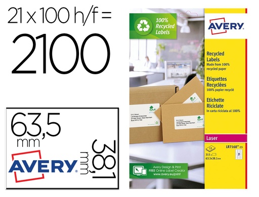 [166543] Etiqueta adhesiva avery blanca permanente reciclada 100% laser 63,5x38,1 mm caja de 315 unidades