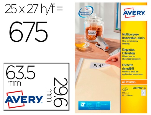 [166542] Etiqueta adhesiva avery blanca removible laser ink-jet fotocopiadora 63,5x29,6 mm caja de 675 unidades