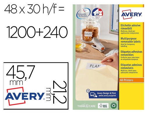 [166541] Etiqueta adhesiva avery blanca removible para laser ink-jet fotocopiadora 45,7x 21,2 mm caja de 1200 unidades