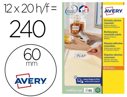 [160302] Etiqueta adhesiva avery blanca redonda removible para laser ink-jet fotocopiadora 60 mm caja de 240 unidades