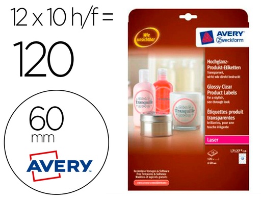 [160301] Etiqueta adhesiva avery brillante invisible redonda laser 60 mm caja de 120 unidades