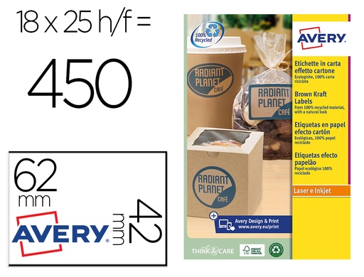 [160300] Etiqueta adhesiva avery kraft efecto carton rectangular 62x42 mm removible para laser ink-jet caja de 160 unidades