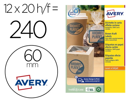 [160299] Etiqueta adhesiva avery kraft efecto carton redonda 60 mm removible para laser ink-jet caja de 300 unidades