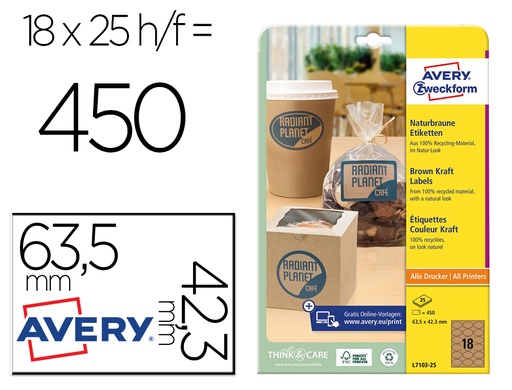 [160298] Etiqueta adhesiva avery kraft efecto carton ovalada 63,5x42,3 mm removible laser ink-jet caja de 320 unidades