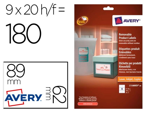 [160297] Etiqueta adhesiva avery removible para impresora laser inyeccion tinta fotocopiadora blanca 62x89 mm