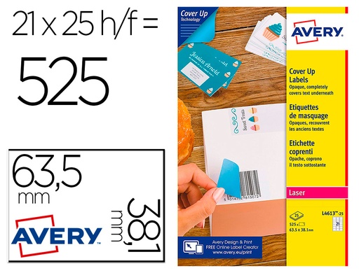 [160296] Etiqueta adhesiva cubriente avery permanente para impresora laser blanca 63,5x 38,1 mm caja de 525 unidades