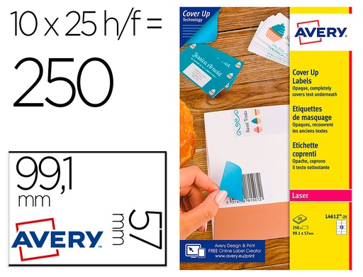 [160295] Etiqueta adhesiva cubriente avery permanente para impresora laser blanca 99,1x57 mm caja de 250 unidades