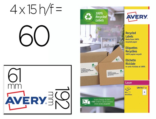 [159798] Etiqueta adhesiva avery papel blanco reciclado para archivador 192x61 mm laser pack de 400 etiquetas