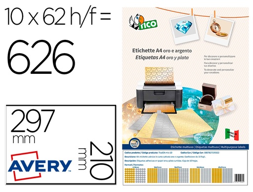 [159797] Etiqueta adhesiva tico papel satinado oro / plata laser medidas surtidas caja de 626 unidades