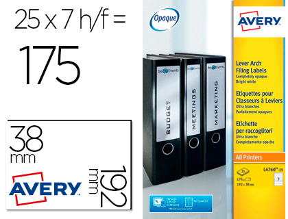 [155942] Etiqueta adhesiva avery permanente blanca 38x192 mm para lomo archivador laser caja de 175 unidades