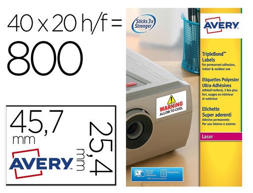 [155338] Etiqueta adhesiva avery poliester super adherente blanca 45,7x25,4 mm laser pack de 800 unidades