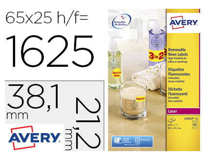 [154723] Etiqueta adhesiva avery tamaño 38,1x21,2 mm removible amarillo fluorescente caja de 1625 unidades