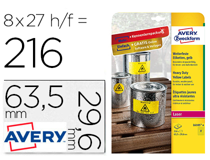 [153613] Etiqueta adhesiva avery poliester amarillo fluorescente 63,5x29,6 mm pack de 8 unidades