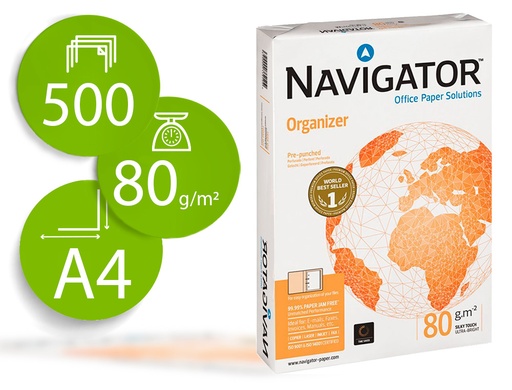 [152169] Papel fotocopiadora navigator din a4 80 gramos 2 taladros papel multiuso ink-jet y laser paquete de 500 hojas