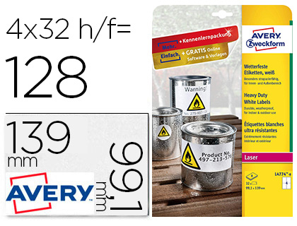 [150957] Etiqueta adhesiva resistente avery poliester blanco 99,1x139 mm para impresora laser pack de 32 unidades