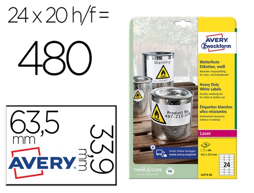 [79537] Etiqueta adhesiva resistente avery poliester blanco 3,9 mm 63,5x33,9 mm laser pack de 480unidades