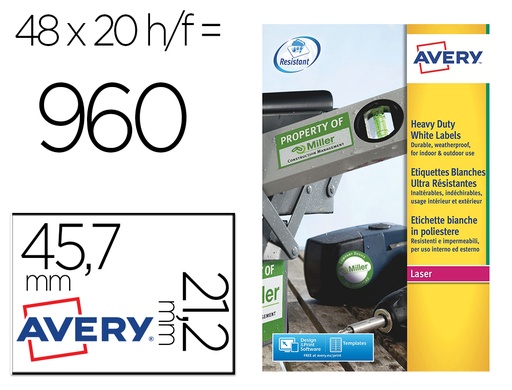[79221] Etiqueta adhesiva resistente avery poliester plata 1,2 mm 45,7x21,2 mm laser pack de 960unidades