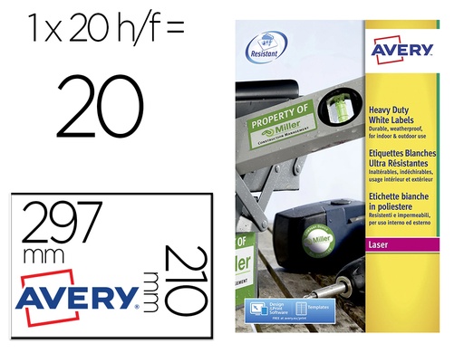 [79220] Etiqueta adhesiva resistente avery poliester blanca 210x297 mm laser pack de 20 unidades