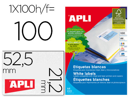[75623] Etiqueta adhesiva apli 1284 tamaño 52,5 x 21,2 mm para fotocopiadora laser ink-jet caja con 100 hojas din a4