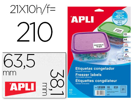 [74391] Etiqueta adhesiva apli 12328 tamaño 63,5x38,1 mm para congelados caja con 10 hojas a4 blancas directiva europea