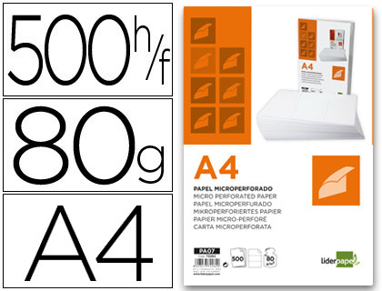 [72262] Papel liderpapel a4 80g/m2 liso microperforado en tres partes iguales paquete de 500 hojas