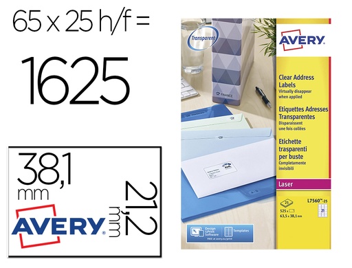 [72183] Etiqueta adhesivas resistente avery transparente 38,1x21,2 mm caja de 1625 unidades