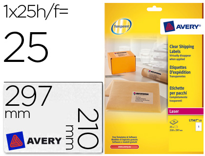 [72182] Etiqueta adhesivas resistente avery transparente 210x297 mm caja de 25 unidades