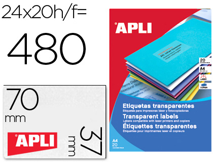 [71927] Etiqueta adhesiva apli 1224 transparentes tamaño 70x37 mm para fotocopiadora laser caja 20 hojas con 480 etiquetas