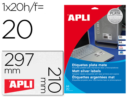 [71926] Etiqueta adhesiva apli 10071 metalizada 210x297 mm para fotocopiadora laser caja 20 hojas