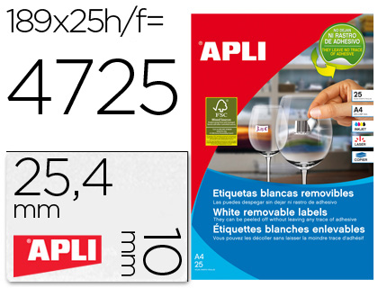 [71925] Etiqueta adhesivas apli 10198 tamaño 25,4x10 mm removible para fotocopiadora laser ink-jet caja 25 hojas con