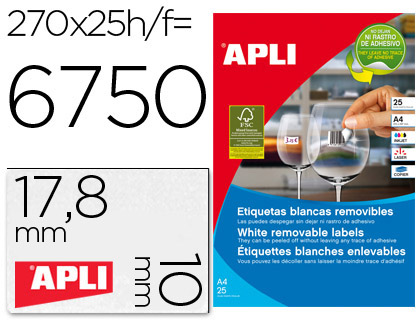 [71924] Etiqueta adhesivas apli 10197 tamaño 17,8x10 mm removible para fotocopiadora laser ink-jet caja 25 hojas con