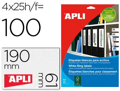 [71923] Etiqueta adhesiva apli 1233 tamaño 190x61 mm para fotocopiadora laser ink-jet caja 25 hojas con 100