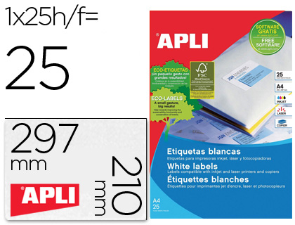 [71922] Etiqueta adhesiva apli 1215 210x297 mm para fotocopiadora laser ink-jet caja con 25 hojas