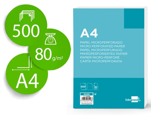 [64198] Papel liderpapel a4 80g/m2 liso microperforado en dos partes iguales paquete de 500 hojas