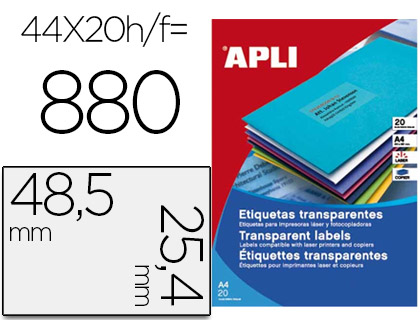 [62822] Etiqueta adhesiva apli transparente 48,5x25,4 mm fotocopia laser inkjet caja 20 hojas din a4 con 880