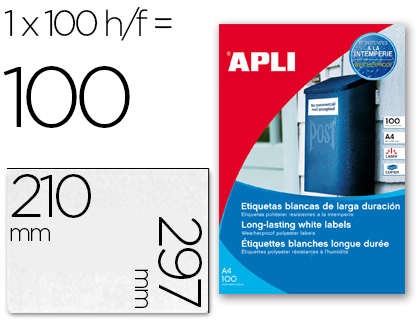 [58339] Etiquetas adhesivas apli 12121 tamaño 210x297 mm poliester resistente a la interperie impresion laser