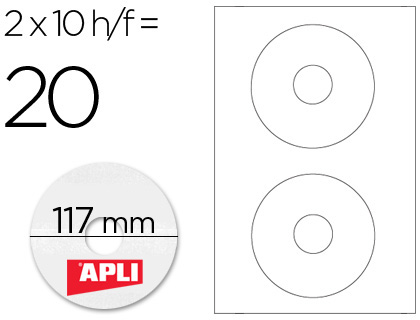 [43738] Etiqueta adhesiva apli 10603 tamaño cd-rom 117 mm para fotocopiadora laser ink-jet caja con 10 hojas/20 etiquetas