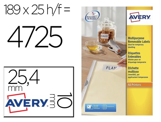 [34971] Etiqueta adhesiva avery removible tamaño 25,4x10 mm caja de 4725 unidades