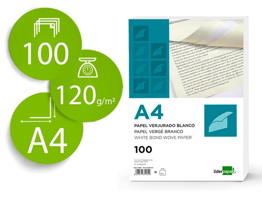 [31907] Papel verjurado liderpapel a4 120g/m2 blanco paquete de 100 hojas
